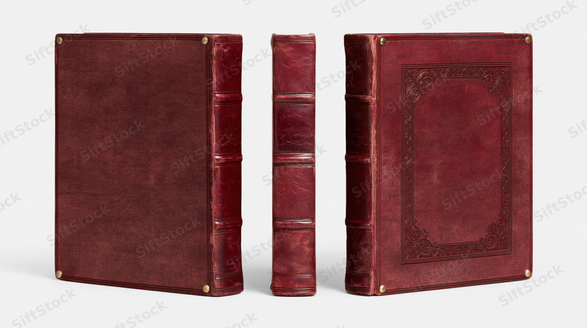 Three views of an antique red leather-bound book displayed upright on white background