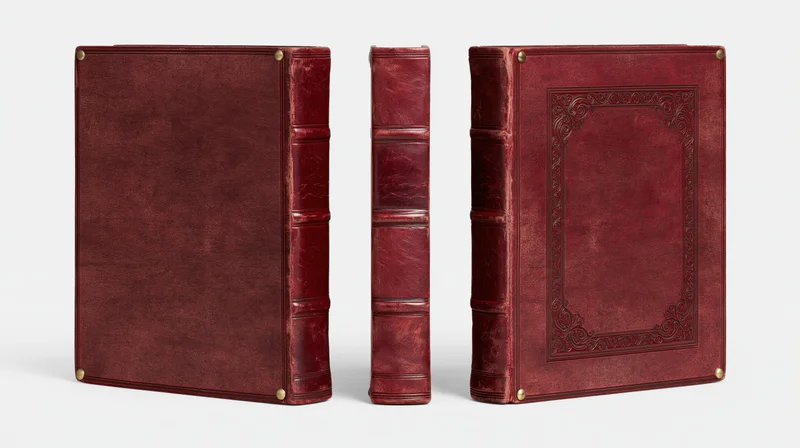 Three views of an antique red leather-bound book displayed upright on white background