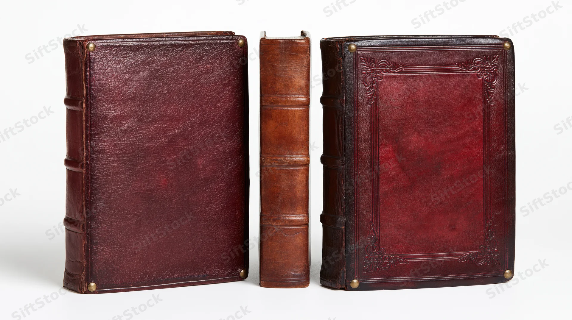 Three views of an antique leather-bound book displayed upright on white background