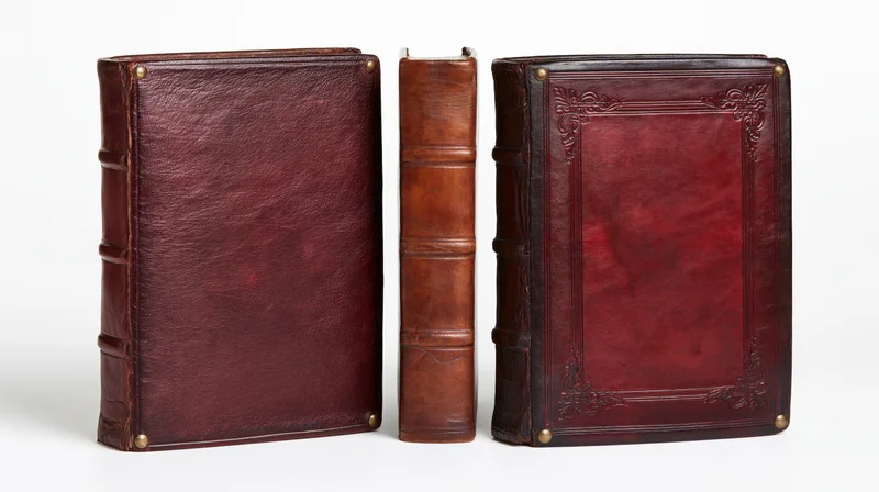Three views of an antique leather-bound book displayed upright on white background