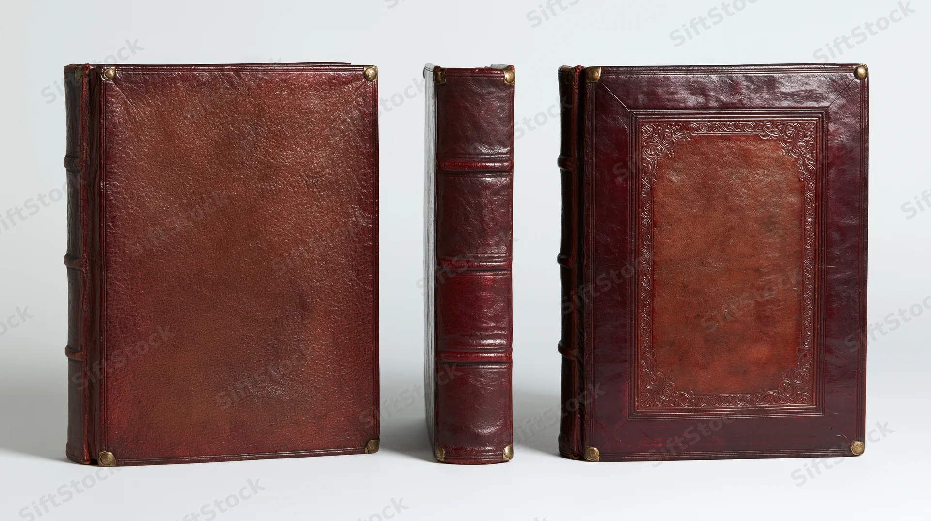 Three views of an antique leather-bound book displayed upright on white background