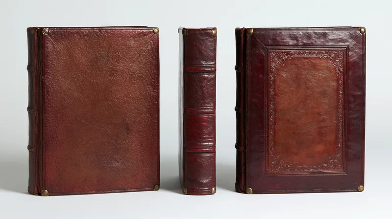 Three views of an antique leather-bound book displayed upright on white background
