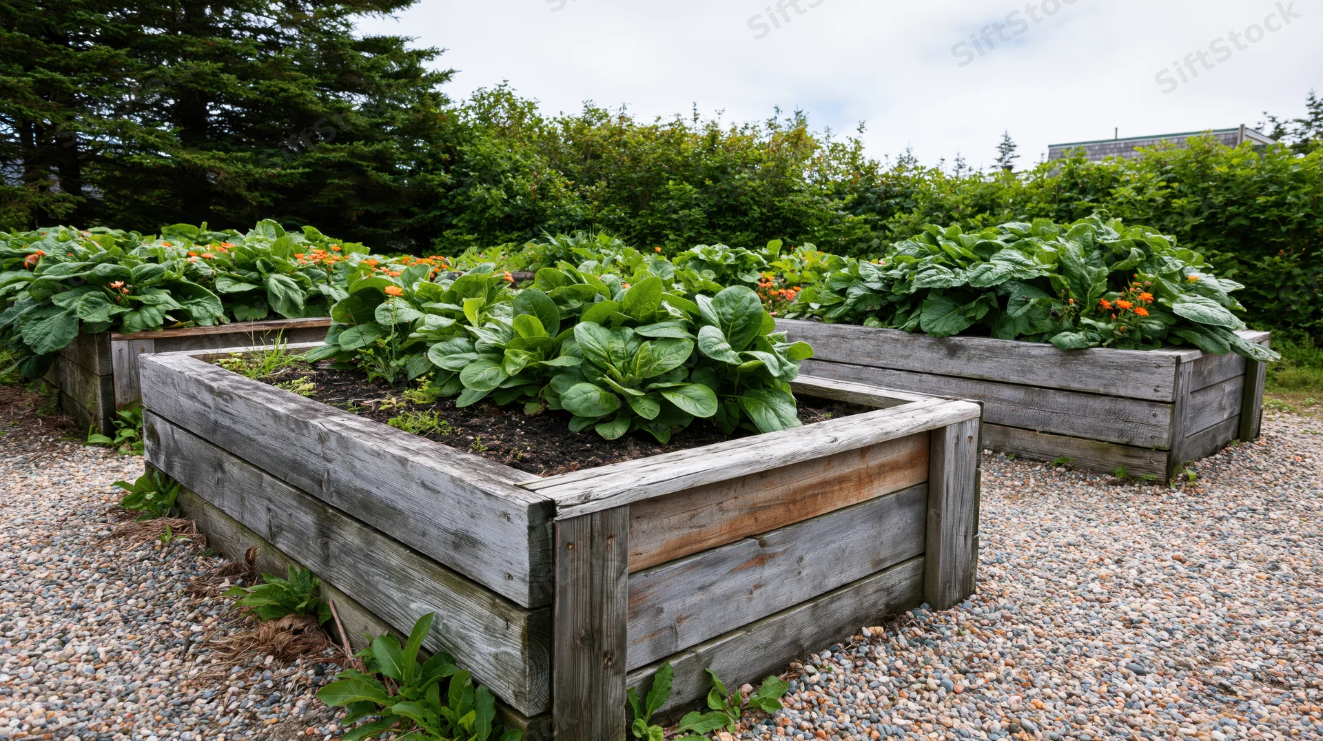 Weathered wooden raised garden beds filled with leafy green vegetables in a gravel backyard garden