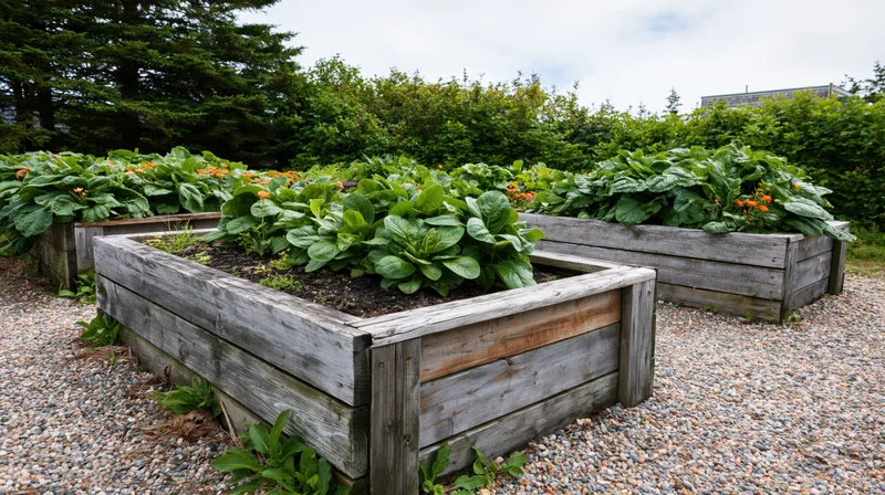 Weathered wooden raised garden beds filled with leafy green vegetables in a gravel backyard garden