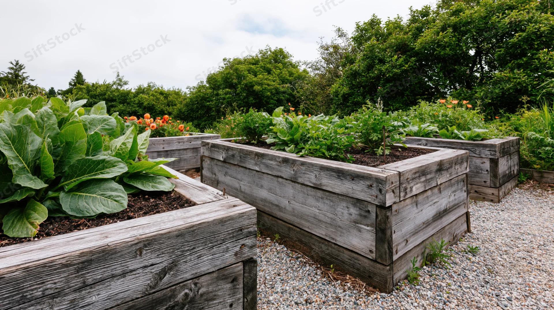 Weathered wooden raised garden beds filled with leafy vegetables and flowers in an outdoor garden setting