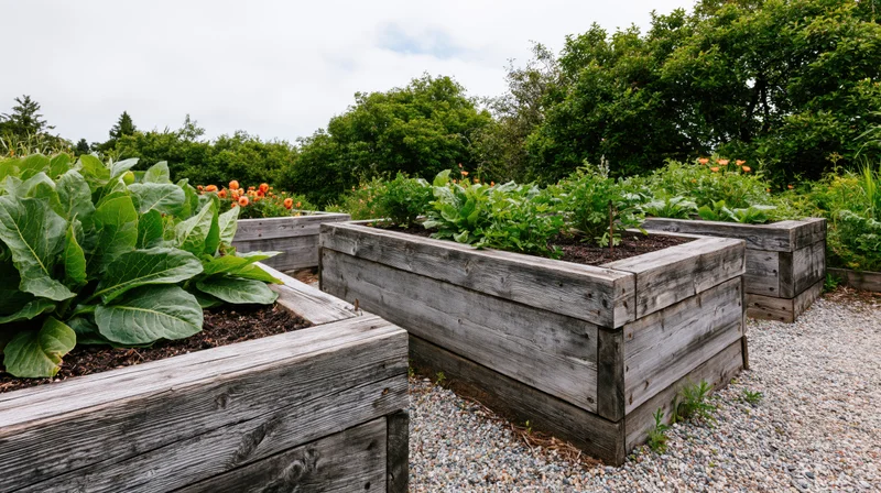 Weathered wooden raised garden beds filled with leafy vegetables and flowers in an outdoor garden setting