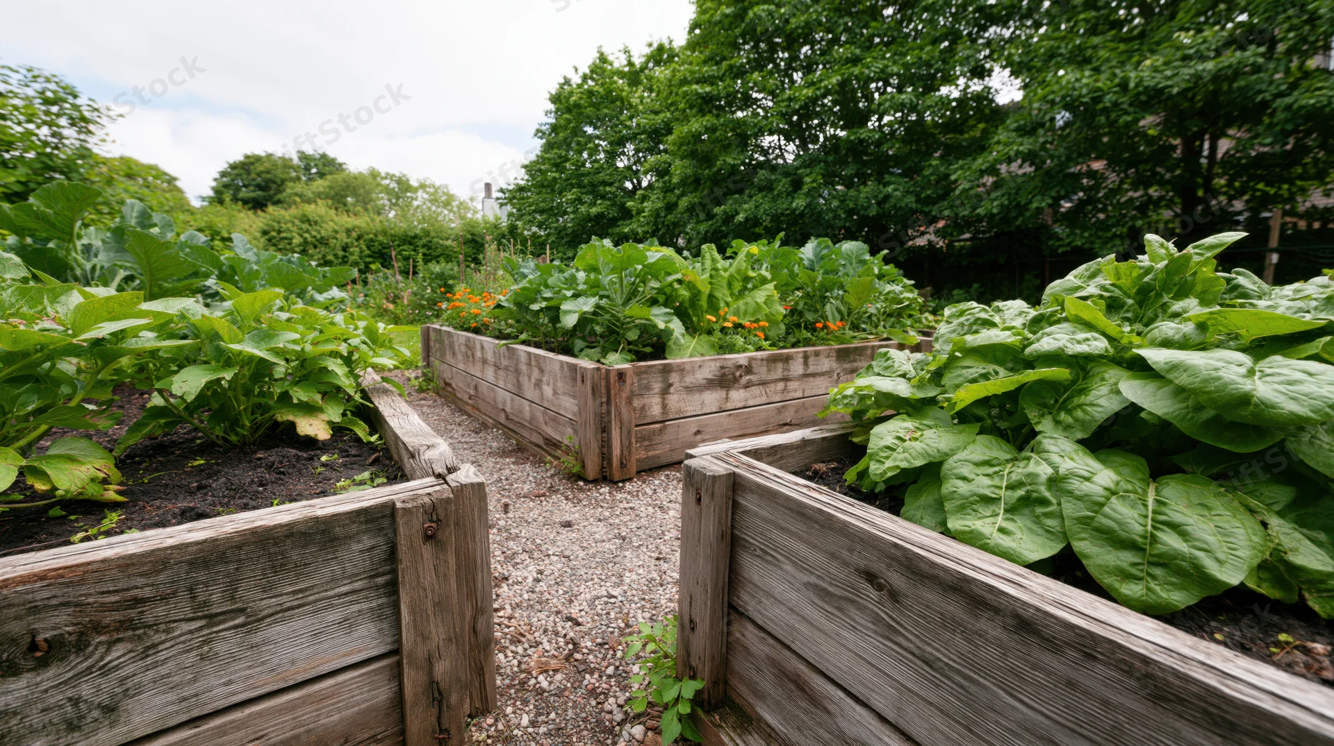 Weathered wooden raised garden beds filled with leafy green vegetables in an outdoor growing space with gravel pathway between them