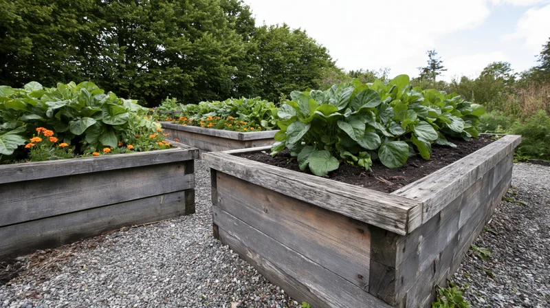 Weathered wooden raised garden beds filled with leafy vegetables and flowers on a gravel path