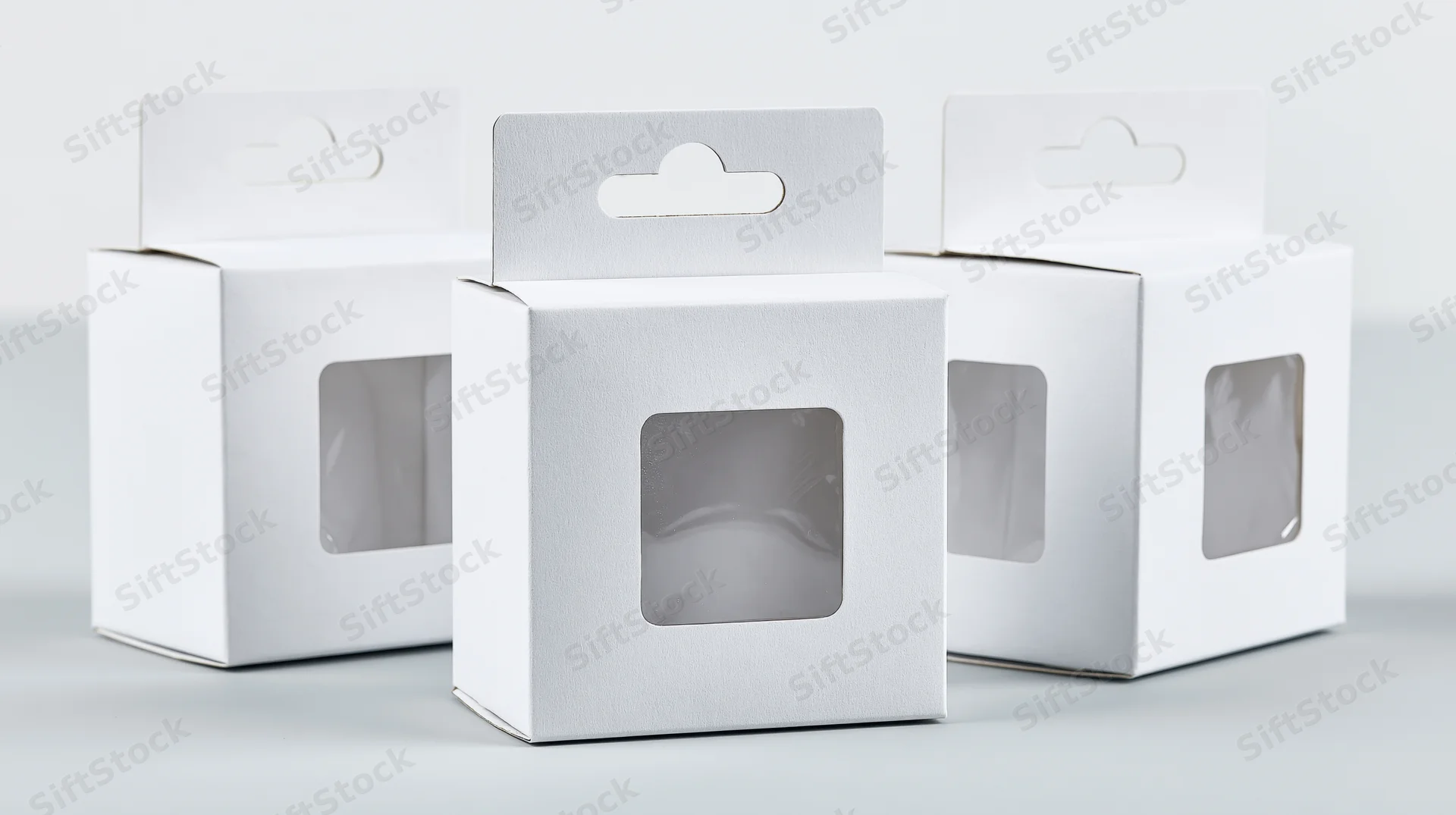 Three white cardboard retail boxes with clear plastic windows arranged in a row on a light surface