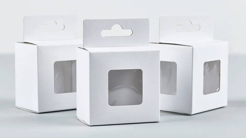 Three white cardboard retail boxes with clear plastic windows arranged in a row on a light surface