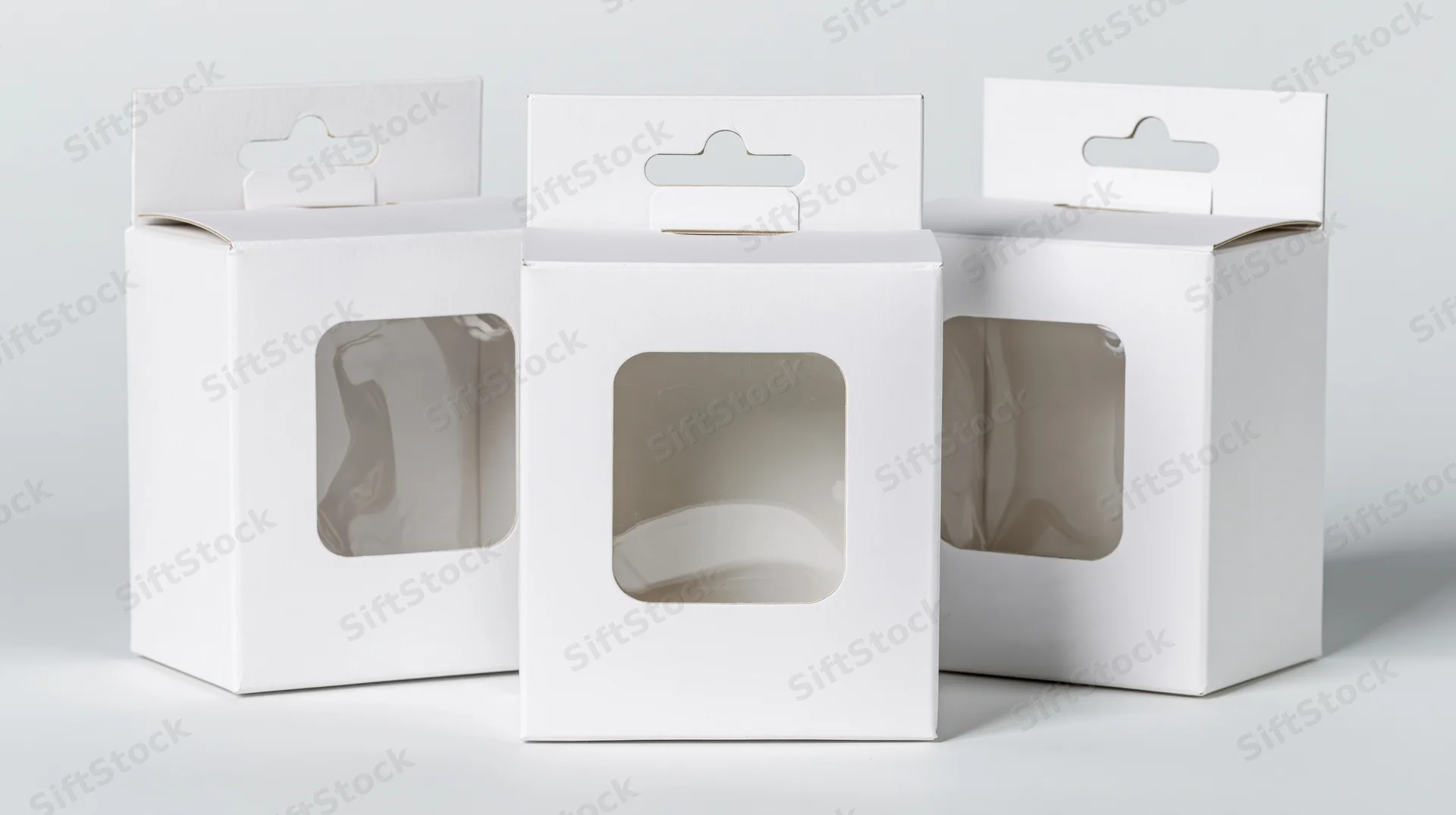 Three white cardboard retail boxes with clear plastic windows arranged in a row on a plain surface