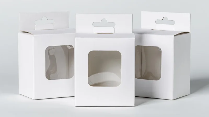 Three white cardboard retail boxes with clear plastic windows arranged in a row on a plain surface