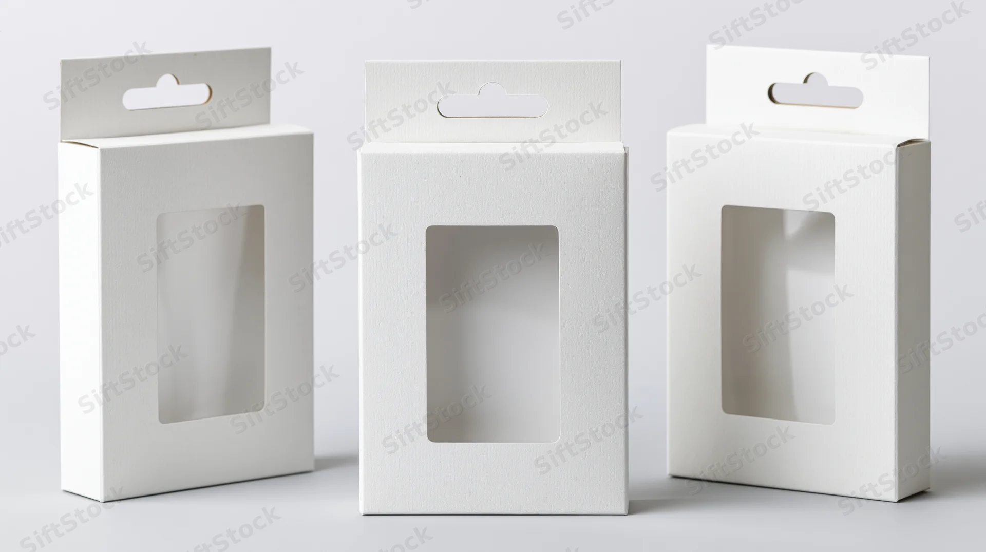 Three white cardboard retail hanging boxes with clear plastic windows arranged in a row on a plain surface
