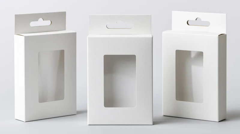 Three white cardboard retail hanging boxes with clear plastic windows arranged in a row on a plain surface