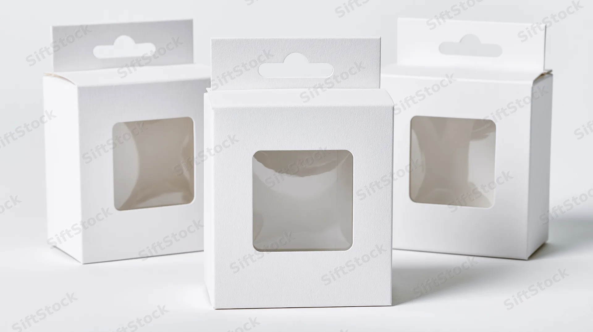 Three white cardboard retail boxes with clear plastic windows arranged in a row on a plain white surface