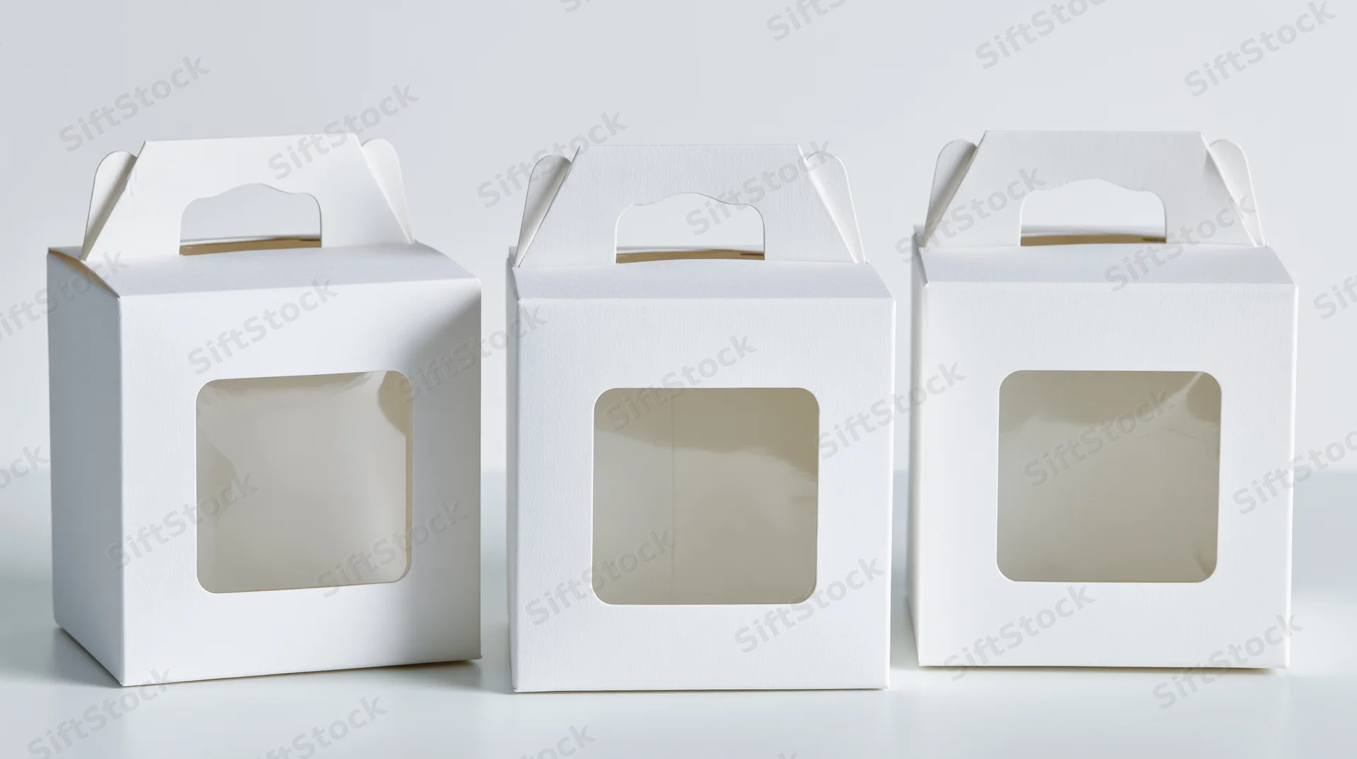 Three white cardboard boxes with clear windows and handles arranged in a row on a white surface