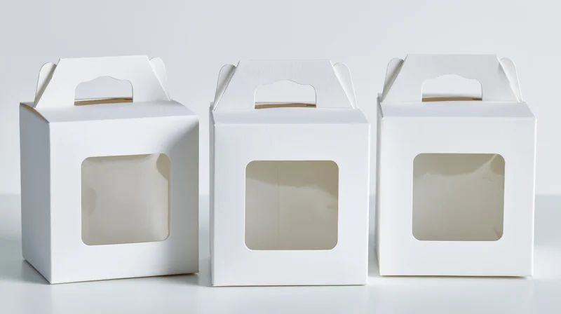Three white cardboard boxes with clear windows and handles arranged in a row on a white surface