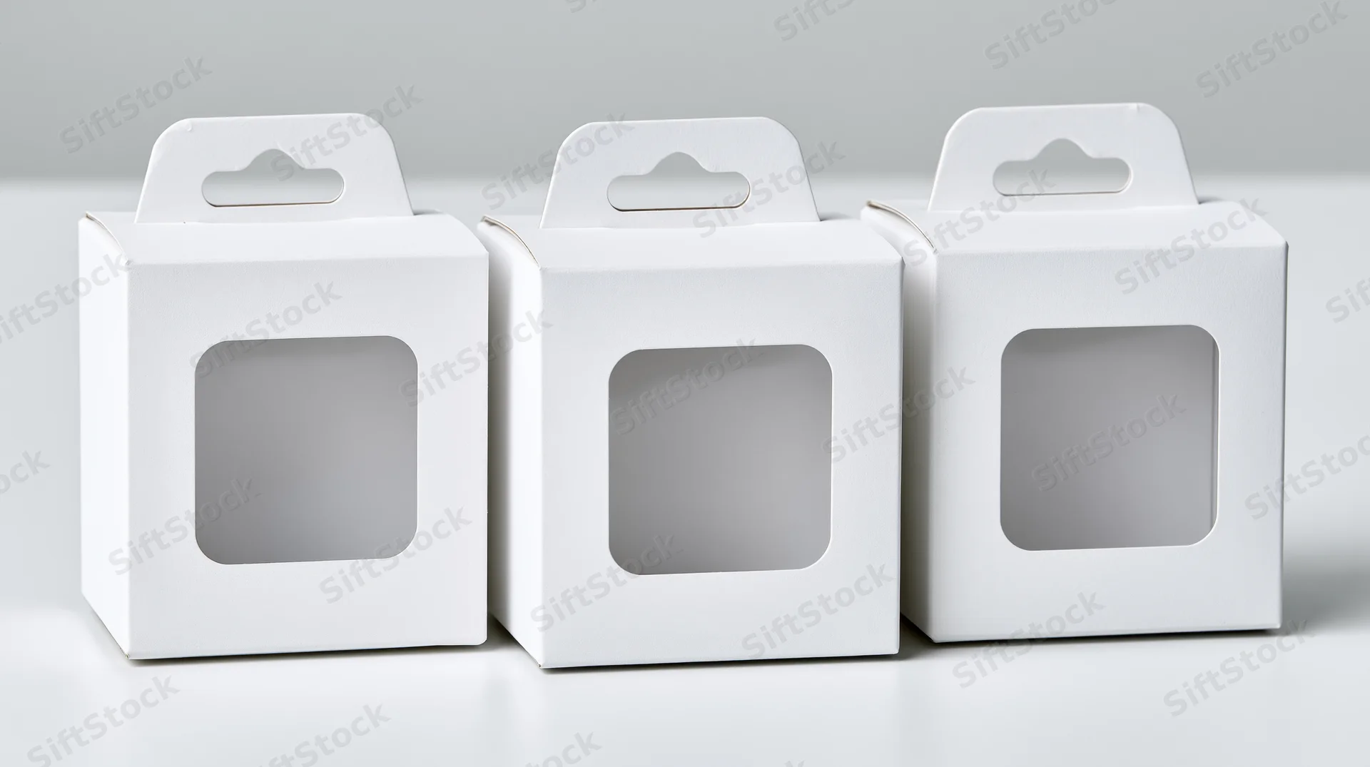 Three white cardboard boxes with clear windows and hang tabs arranged in a row on a plain surface