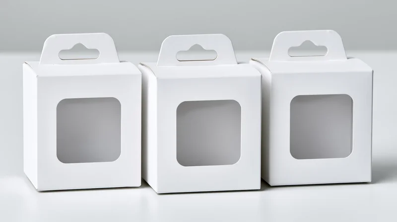 Three white cardboard boxes with clear windows and hang tabs arranged in a row on a plain surface
