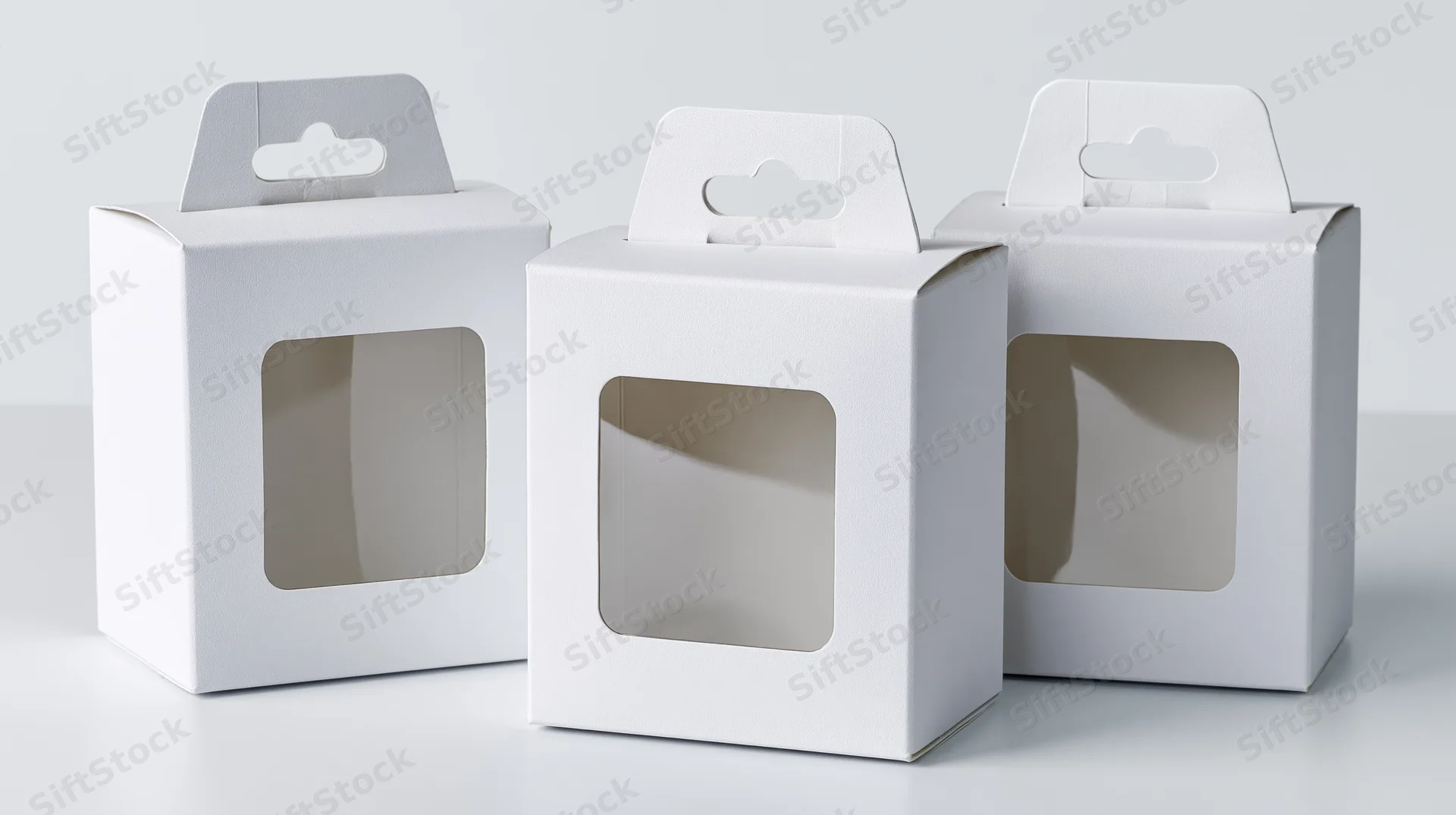 Three white cardboard boxes with clear windows and hang tabs arranged on a plain surface