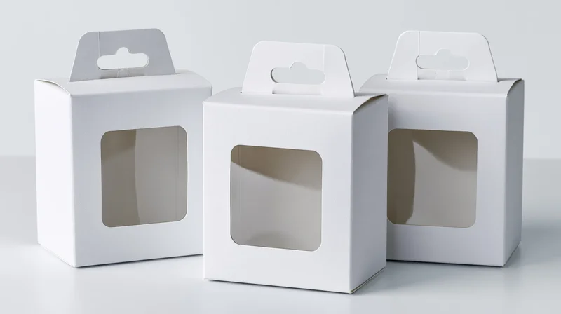 Three white cardboard boxes with clear windows and hang tabs arranged on a plain surface