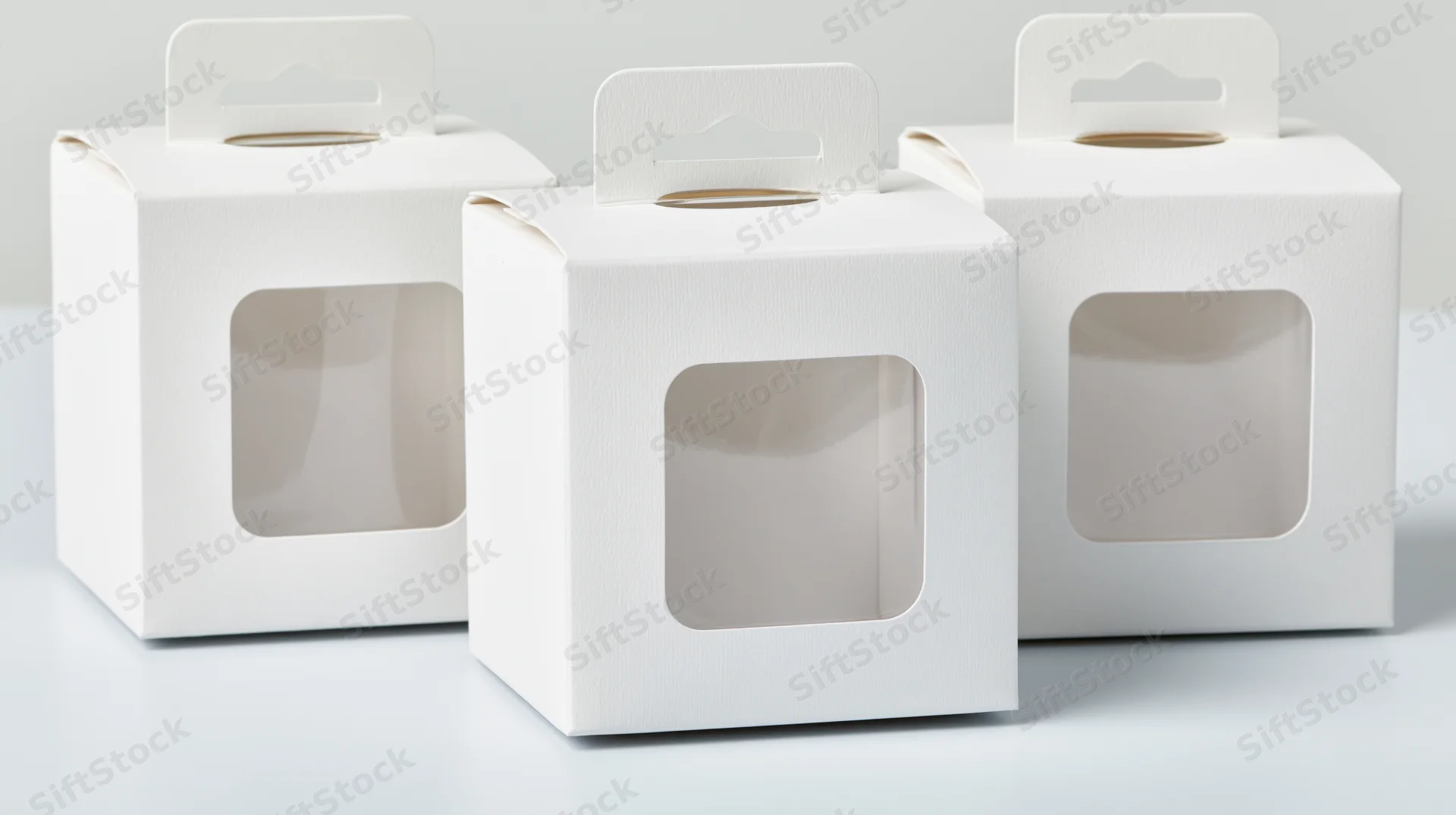 Three white cardboard boxes with clear windows and hang tabs arranged on a plain surface
