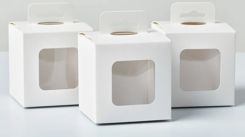 Three white cardboard boxes with clear windows and hang tabs arranged on a plain surface