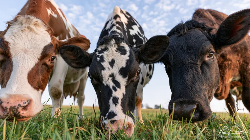 Three calves grazing in a grassy pasture under a partly cloudy sky