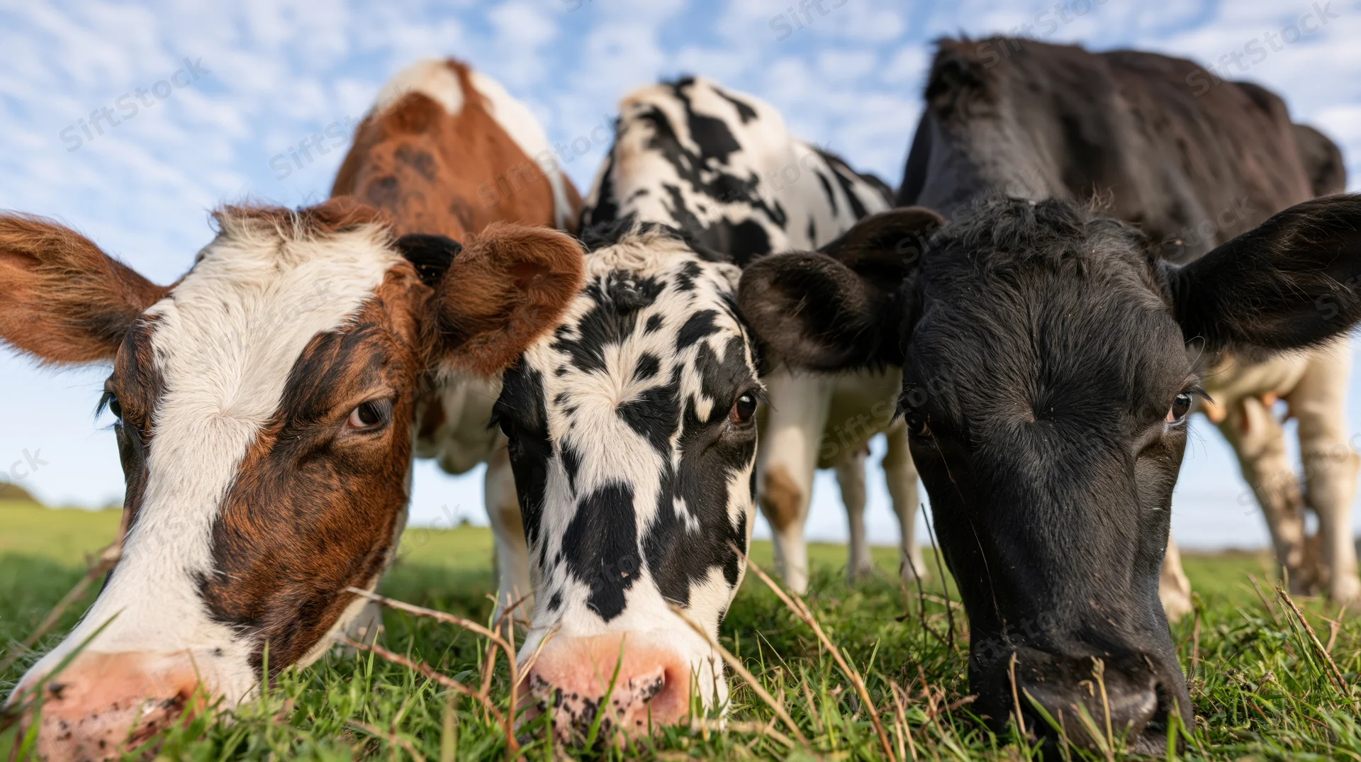 Three calves grazing in a grassy pasture under a blue sky