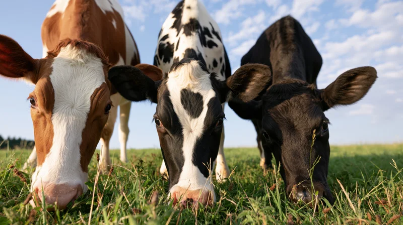 Three young calves grazing in a grassy pasture under a blue sky