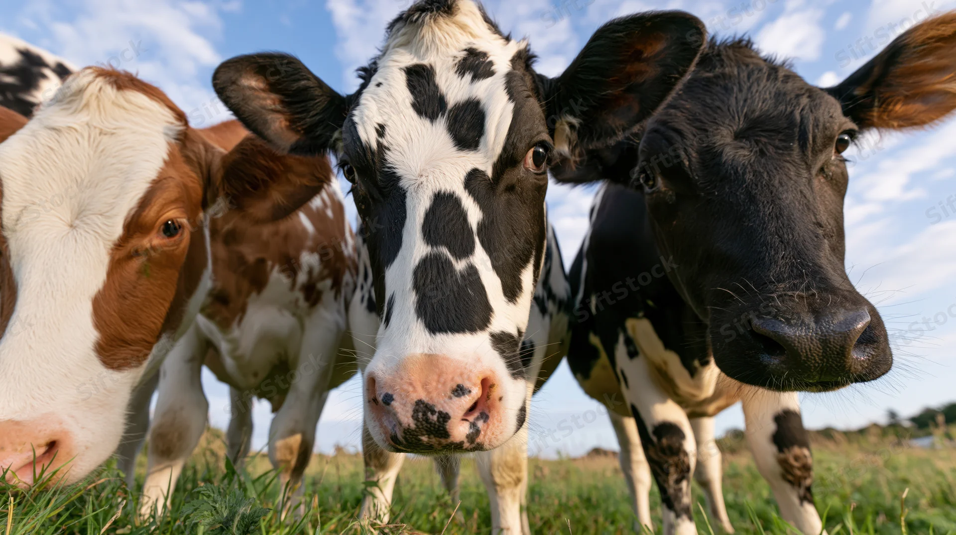 Three young calves standing close in a grassy field under a blue sky
