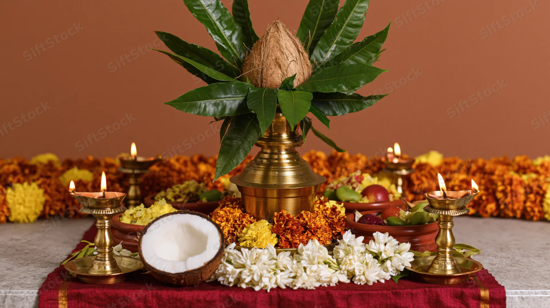 Traditional ugadi festival altar with brass kalash, coconut, mango leaves, flowers and lit diyas on red cloth