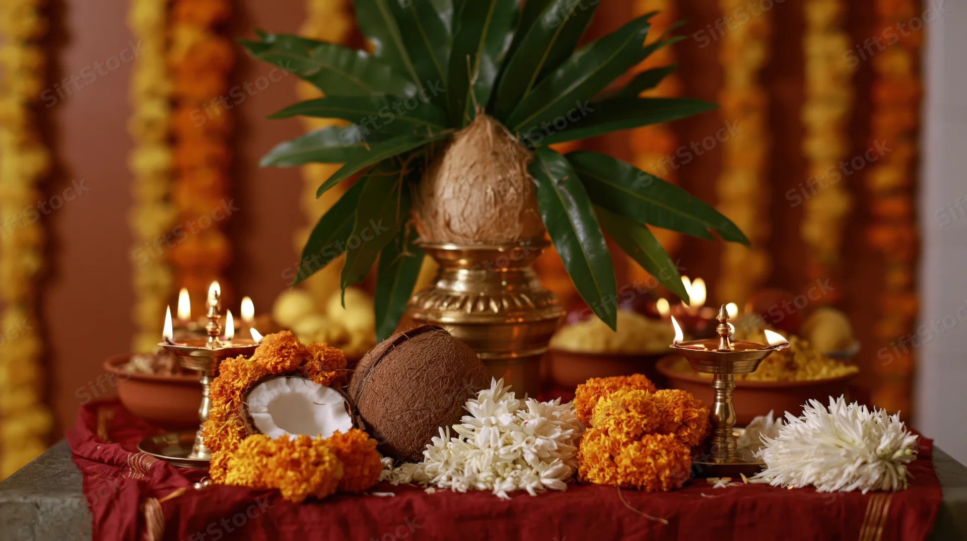 Traditional ugadi festival altar with brass kalash, coconuts, marigold garlands and lit diyas on red cloth