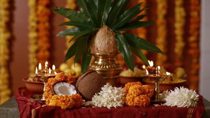 Traditional ugadi festival altar with brass kalash, coconuts, marigold garlands and lit diyas on red cloth