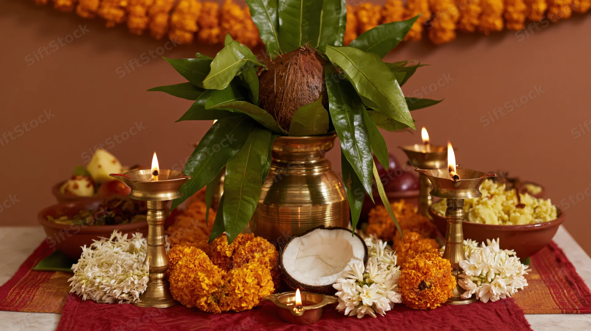 Brass kalash with coconut and green leaves on a festival altar surrounded by lit diyas, marigold garlands, and food offerings