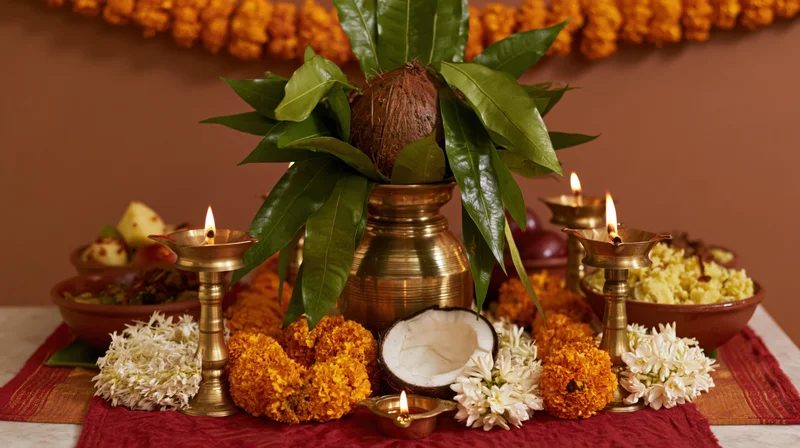 Brass kalash with coconut and green leaves on a festival altar surrounded by lit diyas, marigold garlands, and food offerings