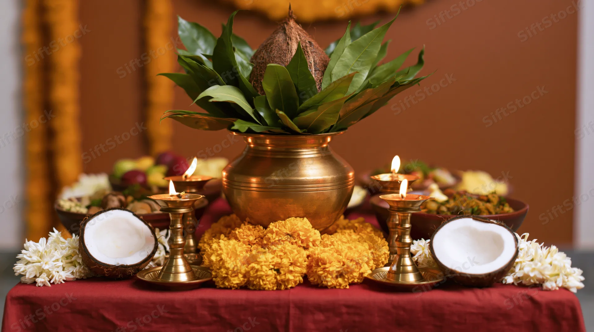Brass kalash with coconut and green leaves on a red cloth altar surrounded by lit diyas, flowers, and food offerings for Ugadi festival