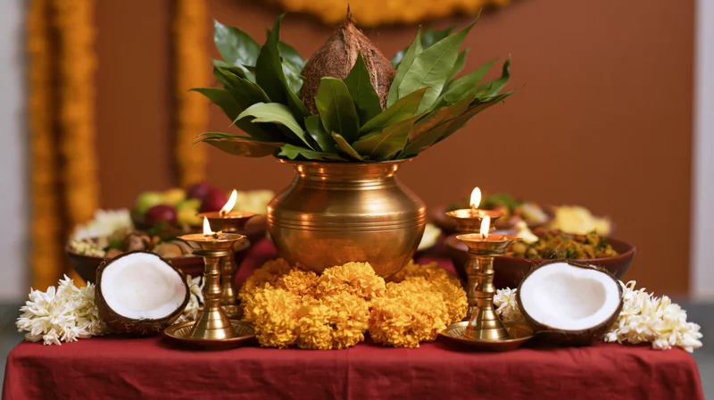 Brass kalash with coconut and green leaves on a red cloth altar surrounded by lit diyas, flowers, and food offerings for Ugadi festival