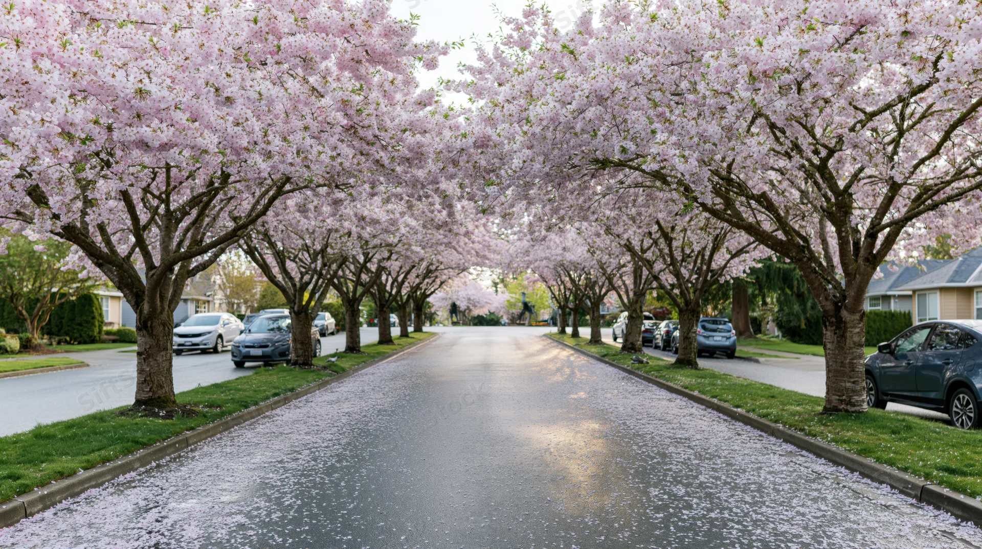 Cherry blossom trees in full bloom lining a suburban road with petals scattered on the pavement