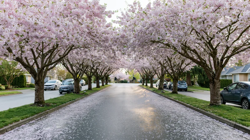 Cherry blossom trees in full bloom lining a suburban road with petals scattered on the pavement