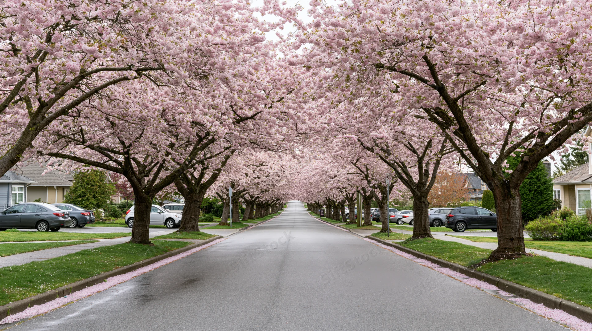 Cherry blossom trees in full bloom lining a suburban street with parked cars and houses on either side