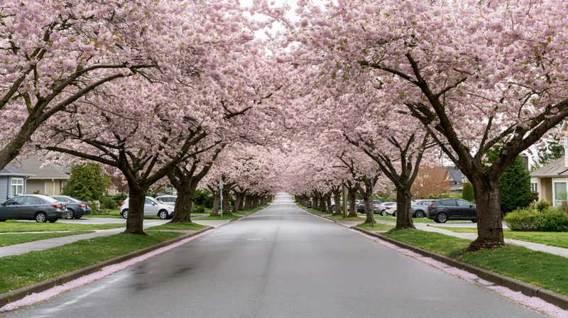 Cherry blossom trees in full bloom lining a suburban street with parked cars and houses on either side