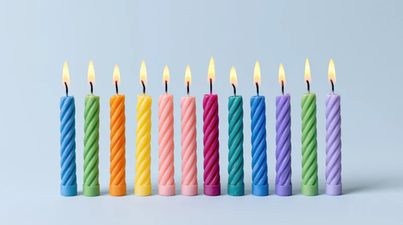 Twelve lit colorful spiral candles arranged in a row on a light background