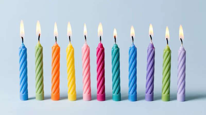 Twelve lit colorful spiral candles arranged in a row on a light background