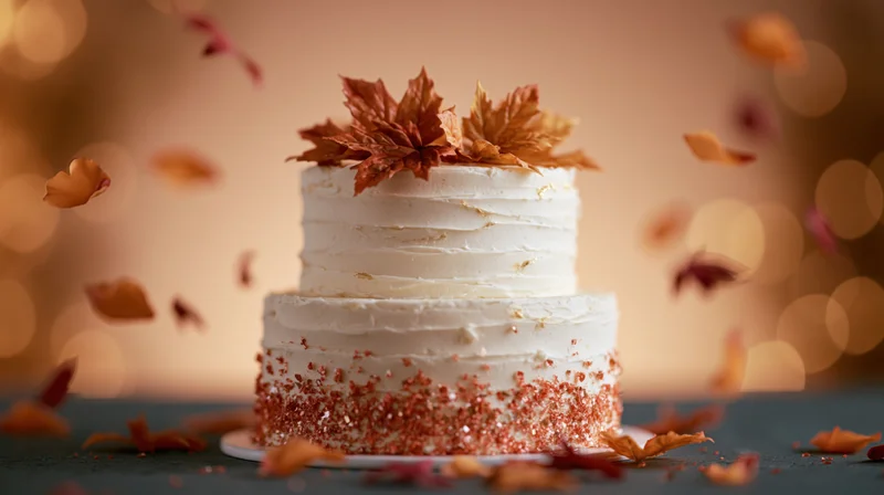 Two-tier white fondant cake decorated with autumn leaves on a dark surface with falling leaves and bokeh lights in the background
