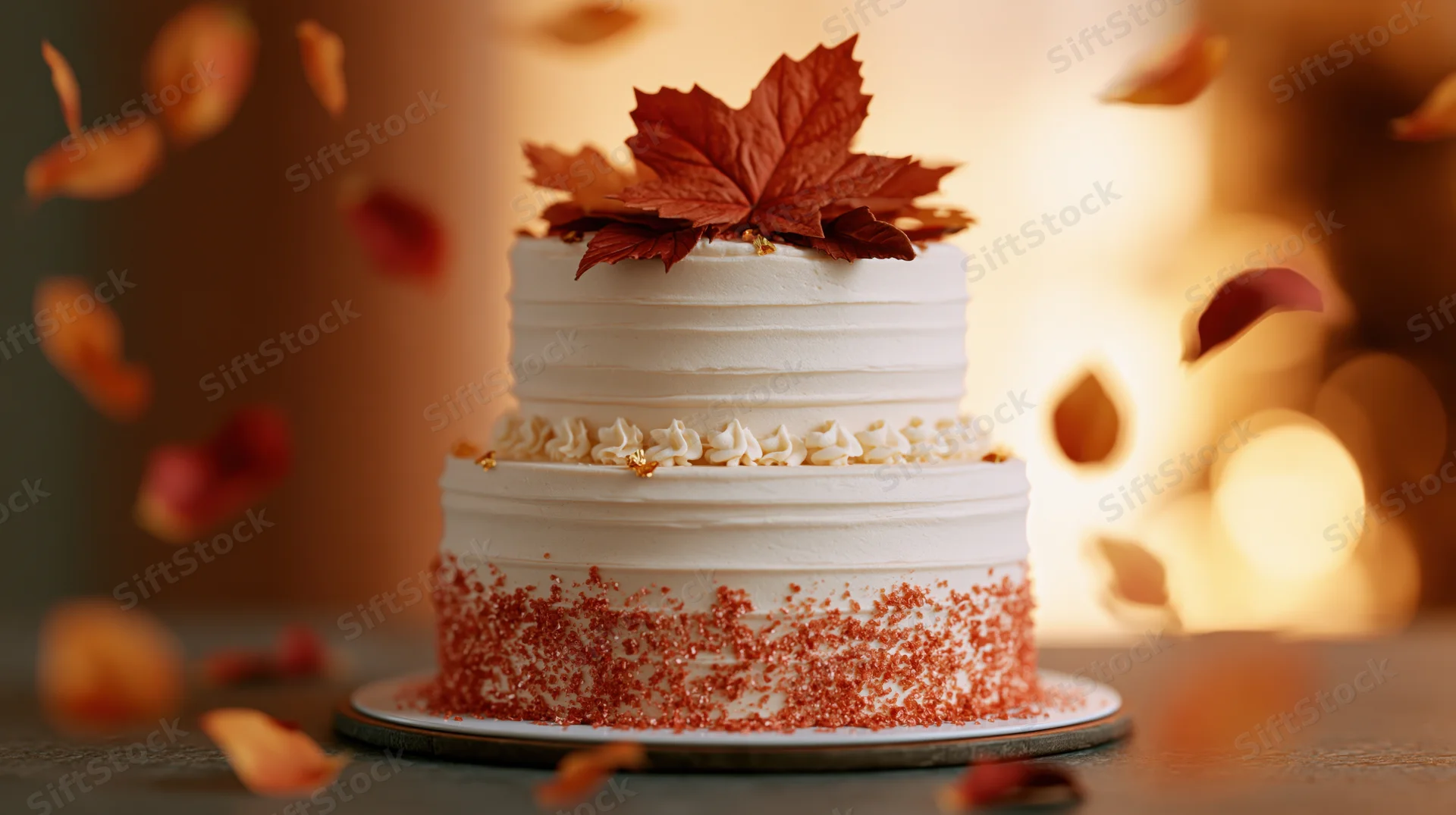 Two-tier white fondant cake decorated with autumn leaves on a cake stand with floating leaves and warm bokeh background