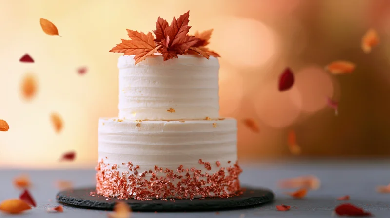 Two-tier white fondant cake decorated with autumn leaves on a dark stand with floating leaves in warm bokeh background