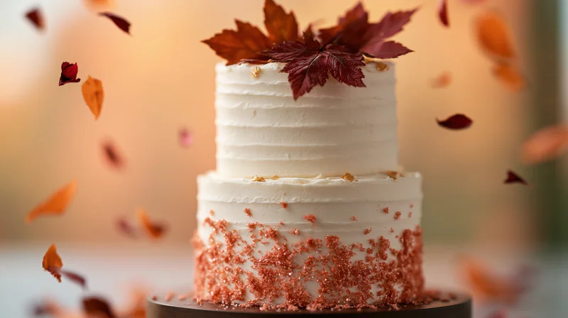 Two-tier white fondant cake decorated with autumn leaves on a cake stand with falling leaves around it