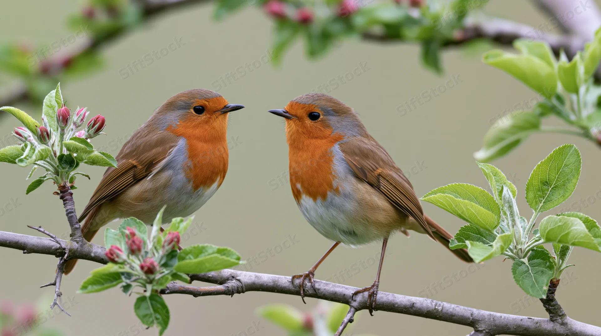 Two european robins perched face-to-face on a tree branch with spring buds and green leaves