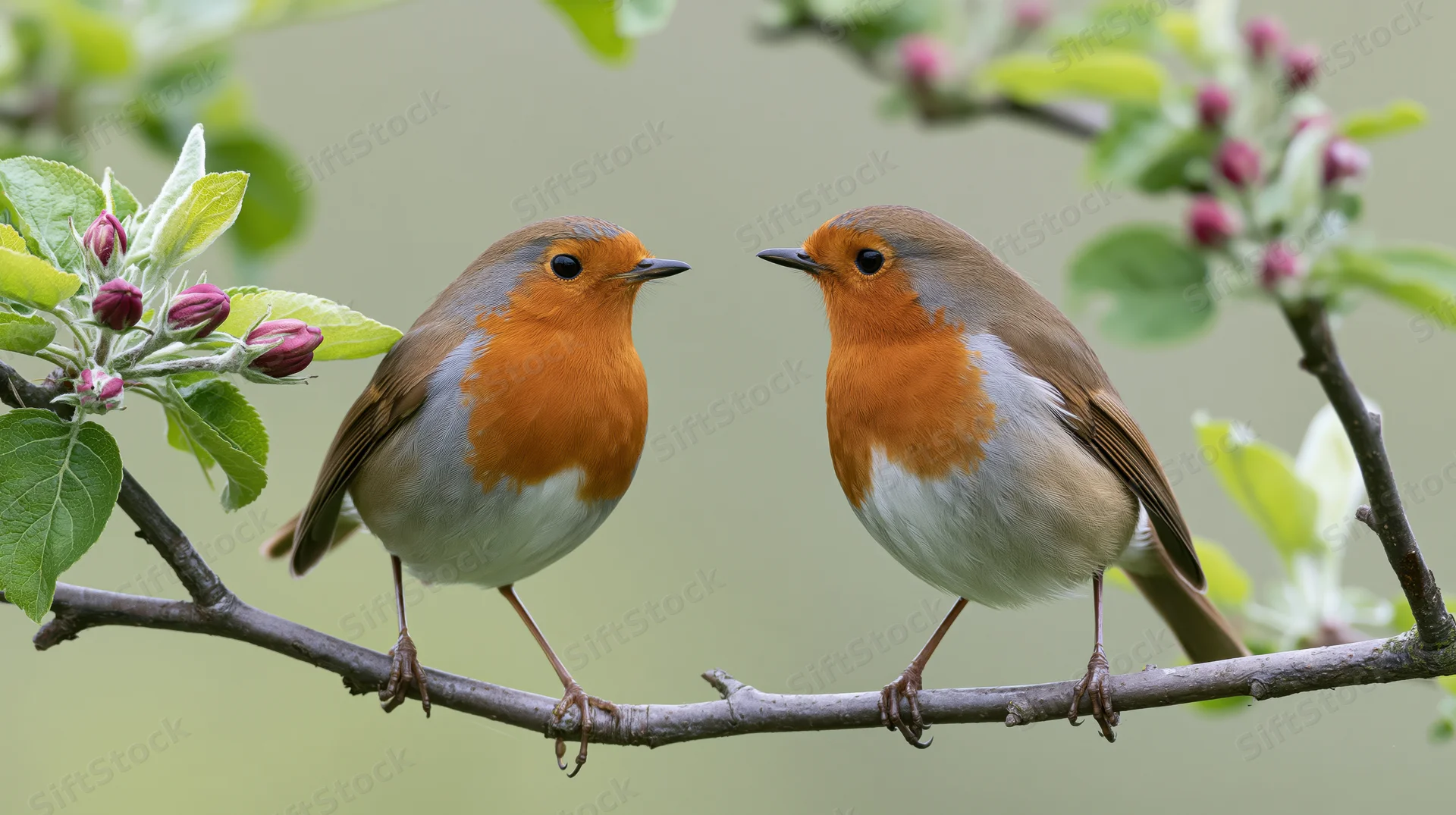 Two european robins perched face-to-face on a slender branch among spring blossoms